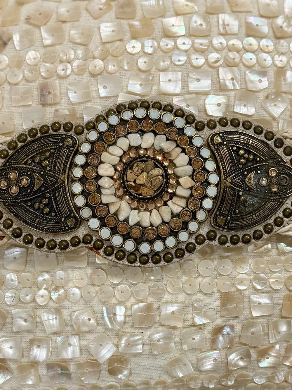 Leatherock Mother-of-Pearl Woven Clutch in Ivory and Gold-Tone Accents